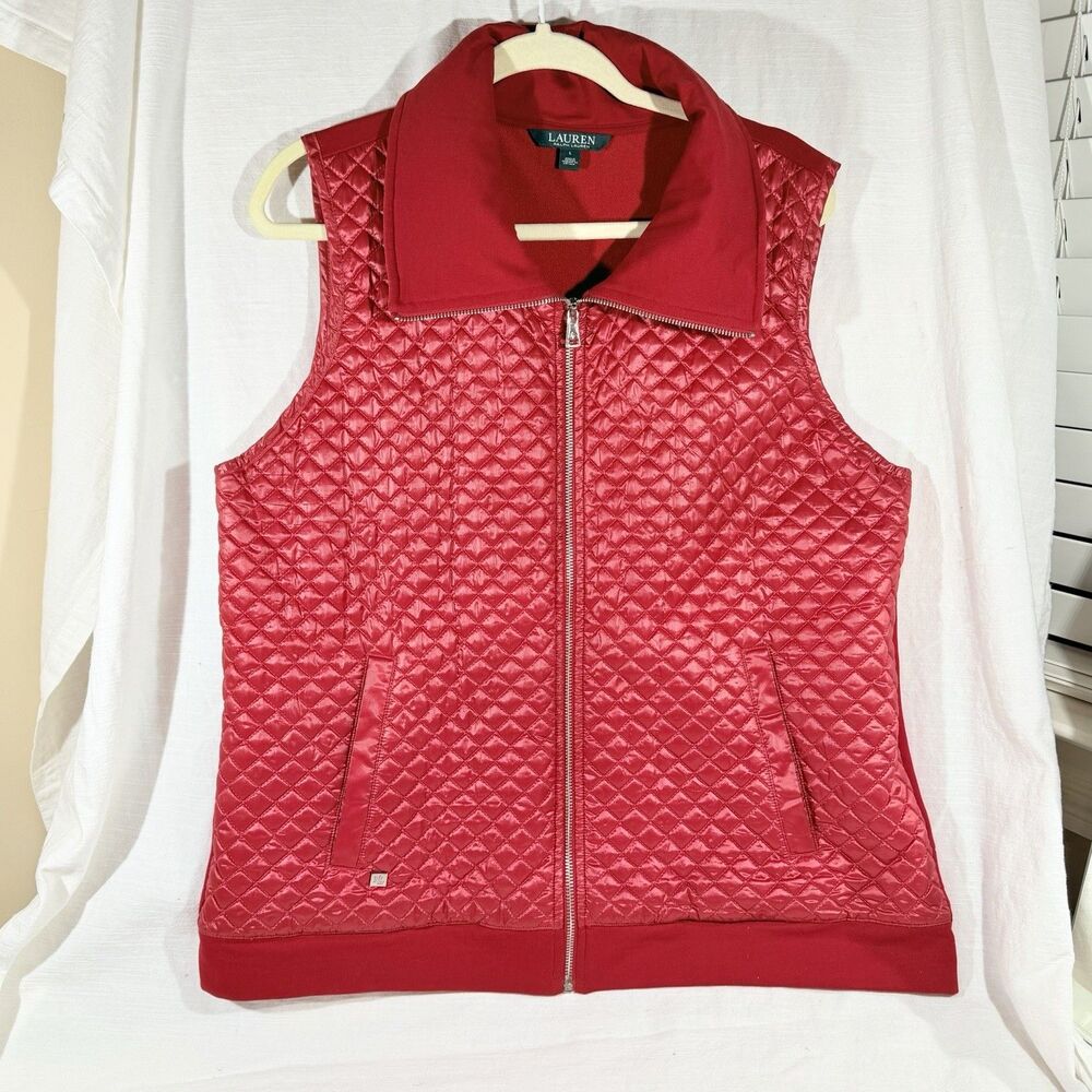 Lauren Ralph Lauren Vest Women's L Red Quilted Full Zip LRL - Spots see pics - Picture 12 of 12
